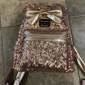 Disney Parks Loungefly Rose Gold Sequin Backpack with Bow